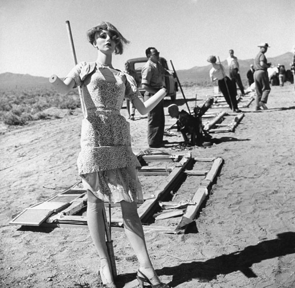 Replica town destroyed in Nevada A-bomb test May 1955