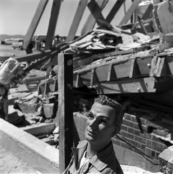 Replica town destroyed in Nevada A-bomb test May 1955