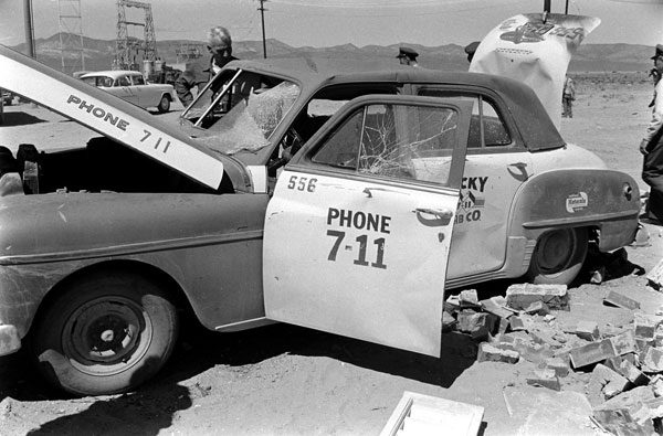 Replica town destroyed in Nevada A-bomb test May 1955